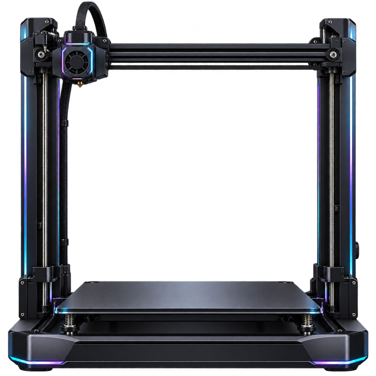 Mavi ve mor ışıklarla aydınlatılmış 3D yazıcı